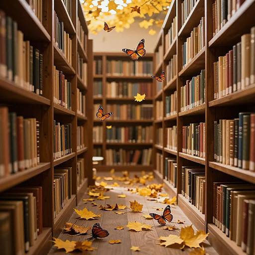 Photograph of a narrow library aisle with wooden bookshelves, colorful books, scattered autumn leaves, and vibrant orange and black butterflies flying.