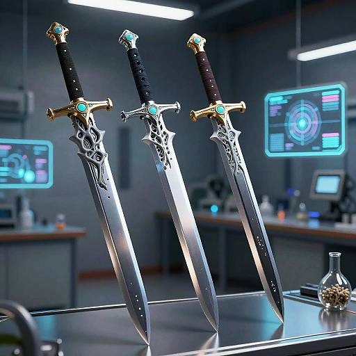 Photograph of two ornate, silver swords with black handles and blue gem accents, displayed in a futuristic, dimly-lit laboratory with glowing computer