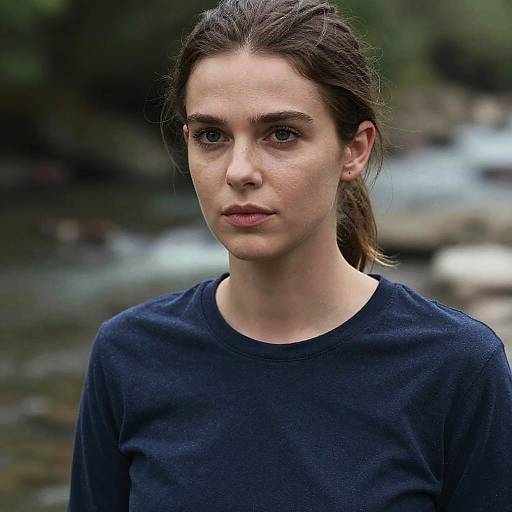 Photograph of a young woman with fair skin, brown hair in a ponytail, wearing a dark blue shirt, standing near a blurred, forested