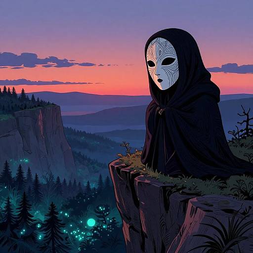 Digital artwork: Mysterious figure with white, patterned mask and black hood stands on cliff at sunset, surrounded by glowing fireflies and forest.