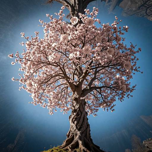 Photograph of a cherry blossom tree with pink flowers against a vibrant blue sky, viewed from a low angle. Sunlight highlights the blossoms, casting