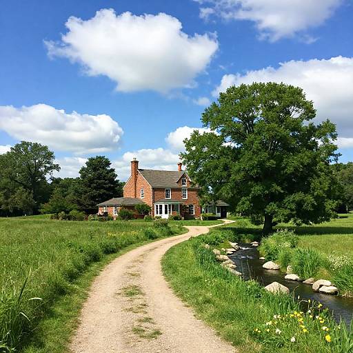 Photograph of a red-brick house with a chimney, surrounded by lush green fields, tall trees, and a gravel pathway leading to it under a
