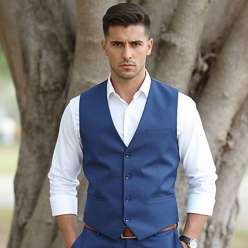 Confident Man in Blue Outfit by Tree