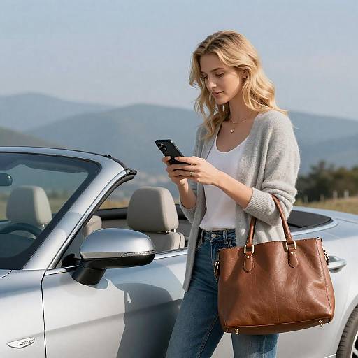 Blonde Woman in Convertible with Mountains