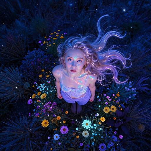 Photograph of a blonde girl with glowing face, wearing a white dress, standing in a dark field of colorful, glowing flowers. Her long hair flows