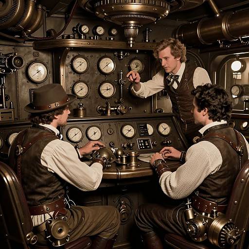 Photograph of three vintage steampunk engineers in a dimly lit control room, surrounded by numerous gauges and metal pipes, working diligently.