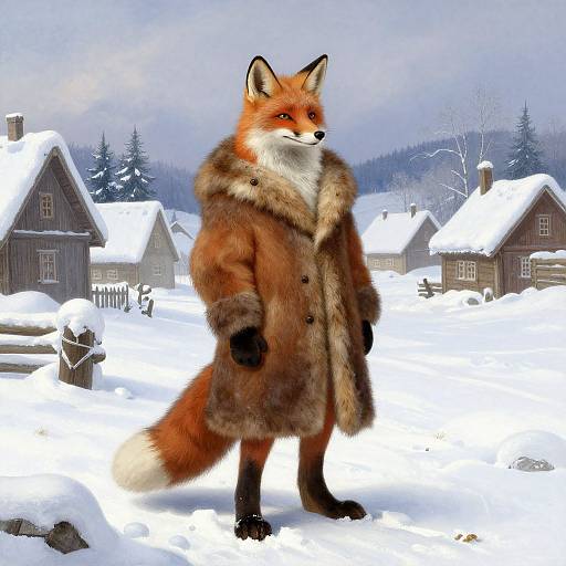 Digital artwork of a standing, anthropomorphic fox in a brown fur coat, snowy village background with snow-covered houses and trees.