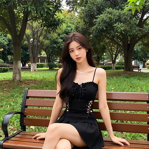 Photograph of an Asian woman with long black hair, wearing a black lace-embellished dress, sitting on a wooden park bench, greenery