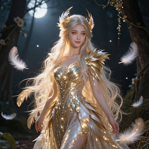 Majestic Feather Goddess in Moonlit Forest