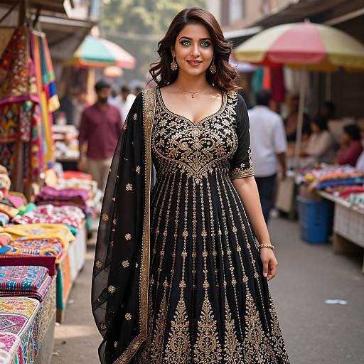 Photograph of a smiling South Asian woman with wavy brown hair, wearing a black and gold embroidered traditional dress, standing in a vibrant, bustling market