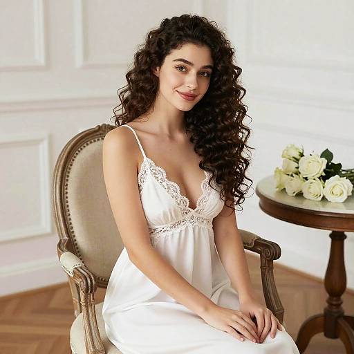 Photograph of a smiling woman with long curly dark hair, wearing a white lace-trimmed nightgown, sitting in an elegant chair with white