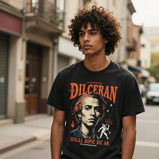 Photograph of a young Black man with curly hair, wearing a black 