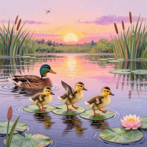 Digital painting of a serene sunset over a pond, featuring a drake and three ducklings standing on lily pads, with a blooming water l