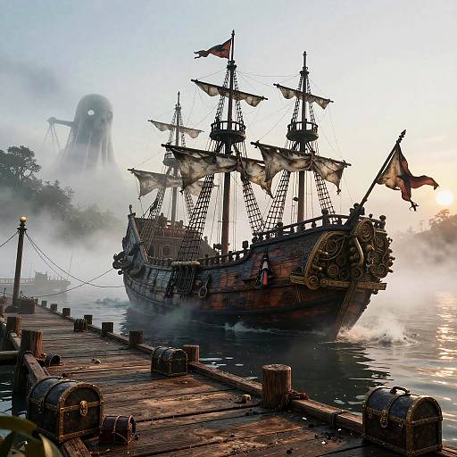 Photograph-style digital illustration of a foggy, wooden pirate ship with tattered sails docked at a rustic wooden pier, featuring a ghostly figure