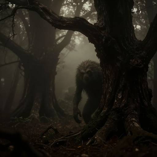 Dark, misty forest with a shadowy, wolf-like creature partially obscured by gnarled, twisted trees in the background; eerie, mysterious atmosphere