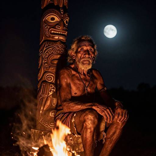 Photograph of a muscular, elderly Indigenous man with gray beard, shirtless, sitting by a fire, next to a carved wooden pole, under a