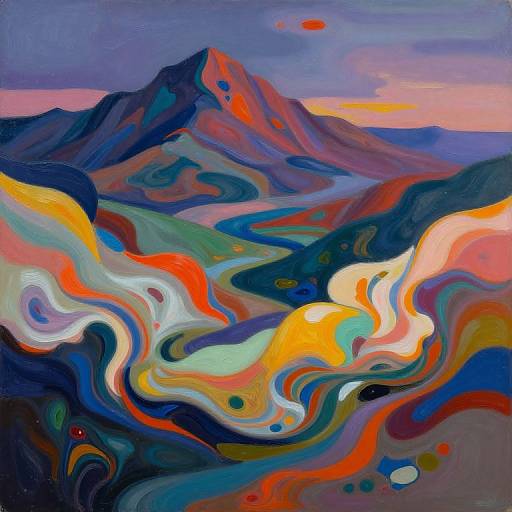 Vibrant abstract painting of a mountainous landscape with swirling, colorful waves in red, yellow, blue, and green, set against a purple and