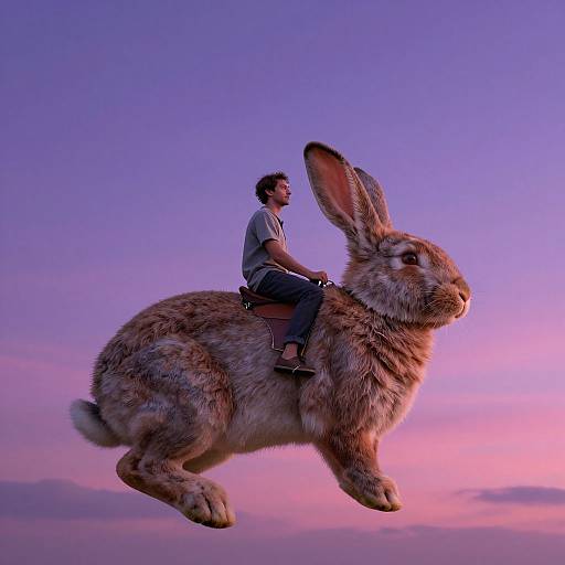 Photograph of a man in a gray shirt and blue jeans riding a large, brown rabbit against a pink and purple sunset sky.
