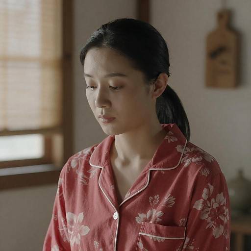 Rustic Room with Asian Woman in Pajamas
