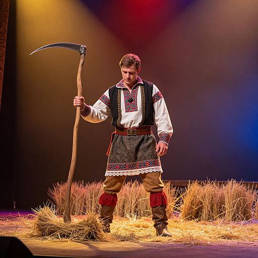 Romanian Man with Scythe on Stage