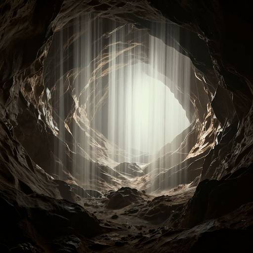 Photograph-like digital art of a dark, textured cave with radiant white light streaming from the center, creating a dramatic, illuminated vortex effect.
