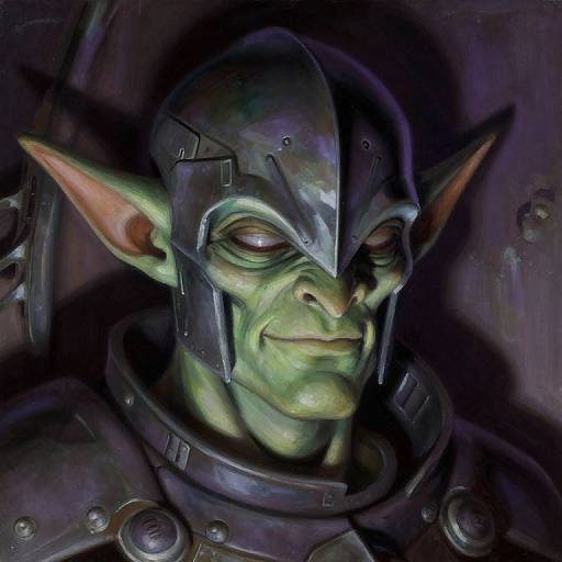 Digital painting of a green-skinned goblin with large, pointed ears, closed eyes, and a metallic helmet, wearing dark, futuristic armor.
