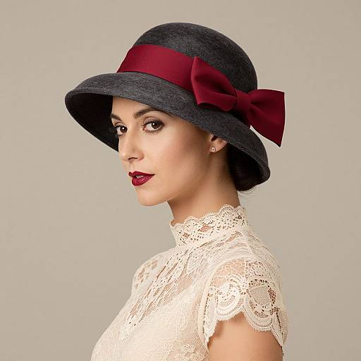 Photograph of a fair-skinned woman with red lipstick, wearing a black felt hat with a red ribbon, white lace top, and grey background.