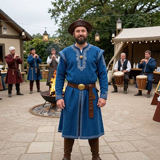 Photograph of a bearded man in a blue embroidered medieval tunic, brown hat, and belt, standing in a rustic outdoor village setting with musicians
