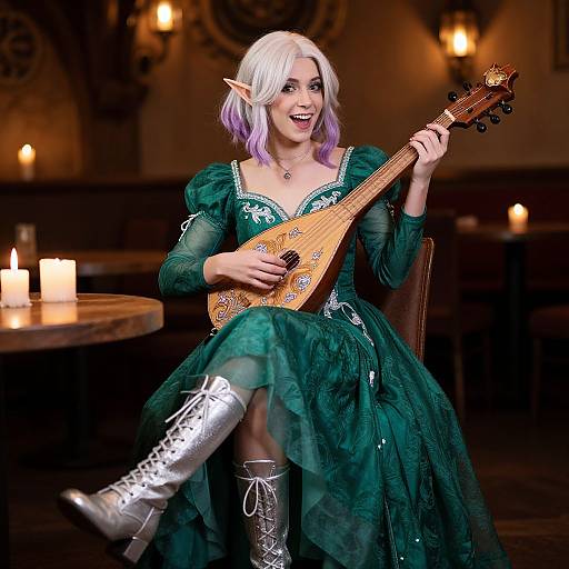 Photograph of a white-haired, purple-lipped elf woman in a green, sparkly dress and silver boots, playing a wooden lute in a