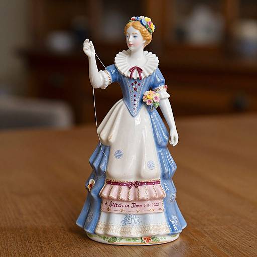 Photograph of a porcelain figurine of a blonde woman in a blue and white Victorian-style dress, holding a string, with floral hairpiece, standing