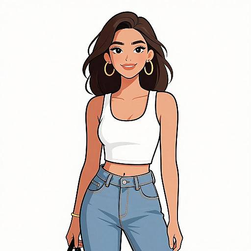 Digital illustration of a smiling, tan-skinned woman with dark brown hair, wearing a white tank top, blue high-waisted jeans, and gold