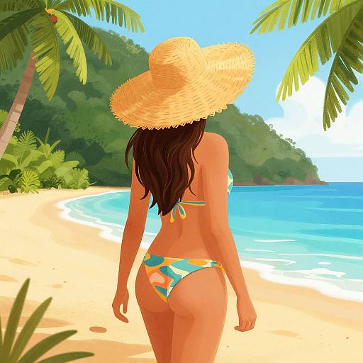 Digital illustration of a woman with long brown hair, wearing a colorful bikini and large straw hat, walking on a sunny tropical beach with palm trees and clear
