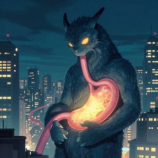 Digital illustration of a dark, glowing-eyed werewolf holding a heart-shaped, fiery organ with a pink, serpentine tongue, set against a nighttime