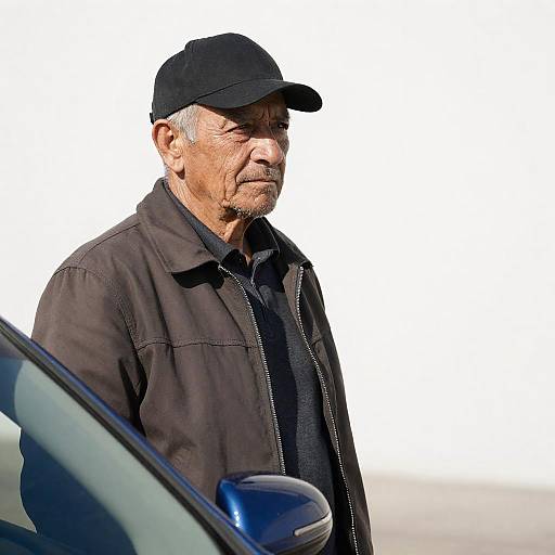 Serious Older Man Beside a Blue Car