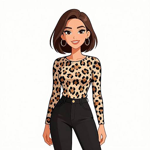 Digital illustration of a smiling woman with short brown hair, wearing a leopard print long-sleeve top and high-waisted black pants, large hoop