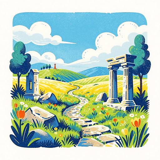 Vibrant Linocut Meadow Landscape