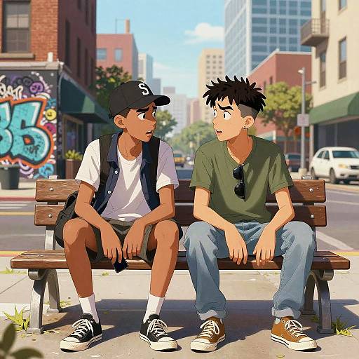 Digital anime-style illustration of two young men, one in a baseball cap and shorts, the other in a green shirt and jeans, sitting on a city