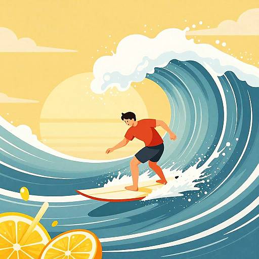 Comic Surfer Riding Giant Sunset Wave