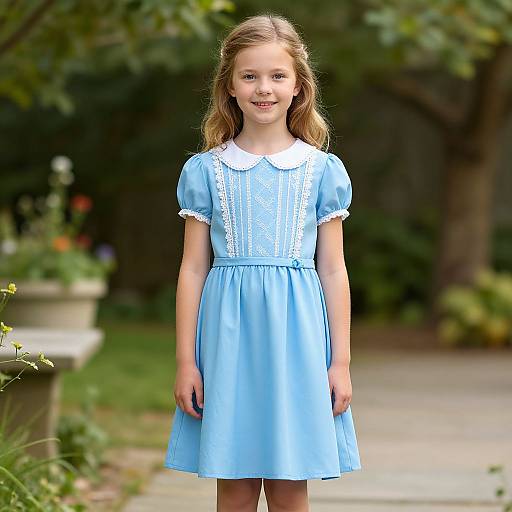 Photograph of a young blonde girl with light skin, wearing a light blue dress with white lace trim, standing in a lush green garden.