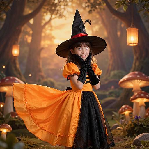 Photograph-style digital illustration of a cute young girl in a black witch hat and orange-black dress, smiling in a magical forest with glowing mushrooms and lantern