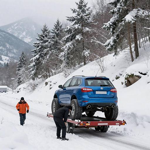 Blue Car on Snowy Trailer Road