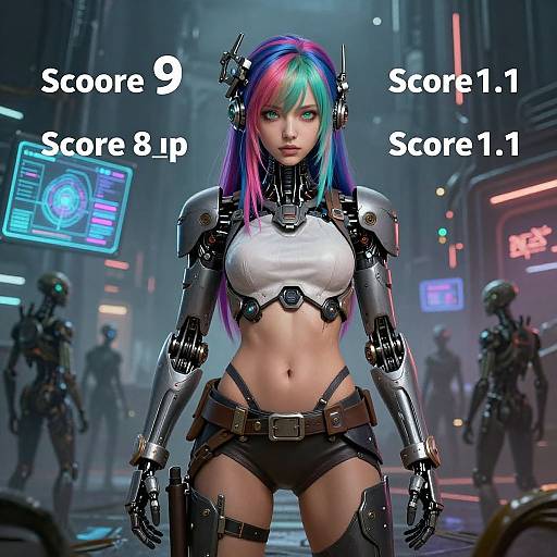 Cyberpunk digital artwork of a vibrant, blue-purple-haired, robotic woman in a white crop top and black shorts, standing in a neon-lit