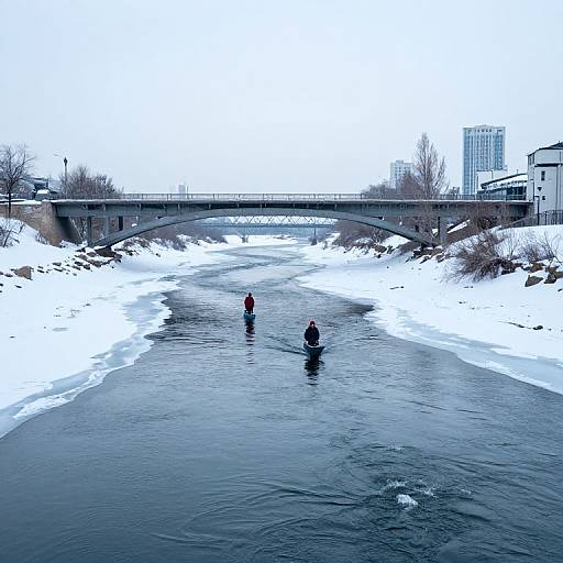 Photograph of two people in red and black winter clothing walking through a partially frozen river under a bridge in a snowy urban landscape.