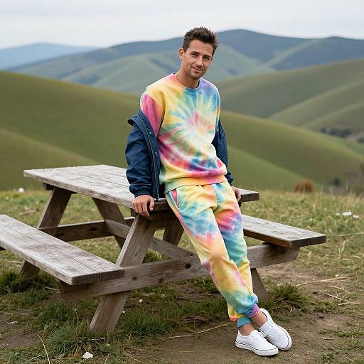 Man in Tie-Dye Outfit Leaning on Picnic Table Outdoors