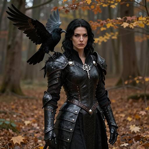 Female Fantasy Warrior with Crow in Autumn Forest