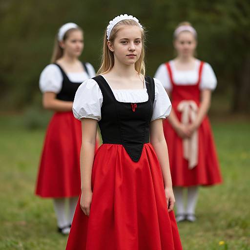 Photograph of three young blonde girls in traditional Bavarian dirndls: black vests, white puffed sleeves, red skirts, white headbands,