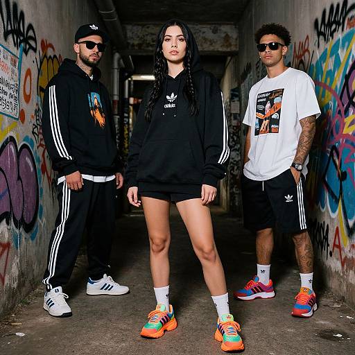 Photograph of three stylish individuals in a graffiti-covered urban tunnel: woman in black Adidas hoodie and neon sneakers, man in black Adidas tracksuit, man