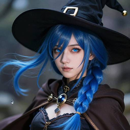 Digital art of a blue-haired anime witch with striking blue eyes, wearing a black hat, brown cloak, and black lace top. Background is blurred forest
