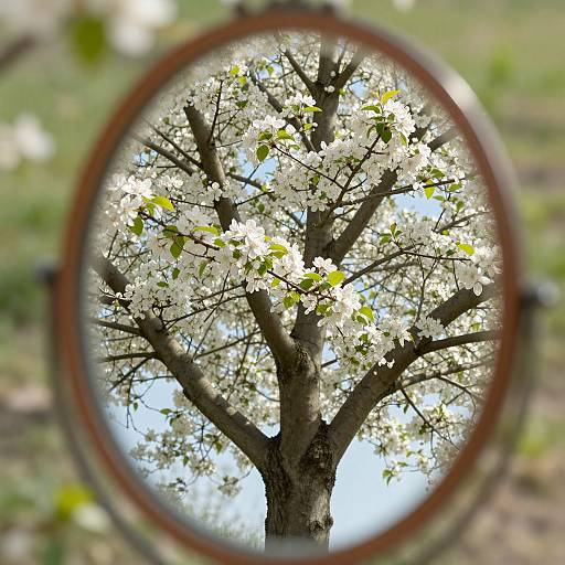 Photograph of a blooming tree with white flowers viewed through a circular lens, creating a magnified, framed effect with a blurred green background.