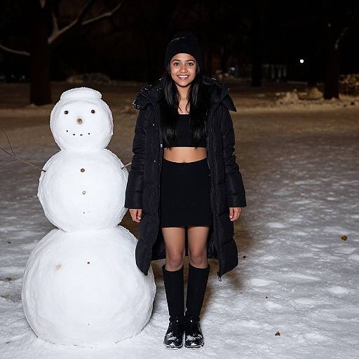 Photograph of a smiling young woman in a black beanie, crop top, skirt, and coat, standing beside a lit snowman in a snowy